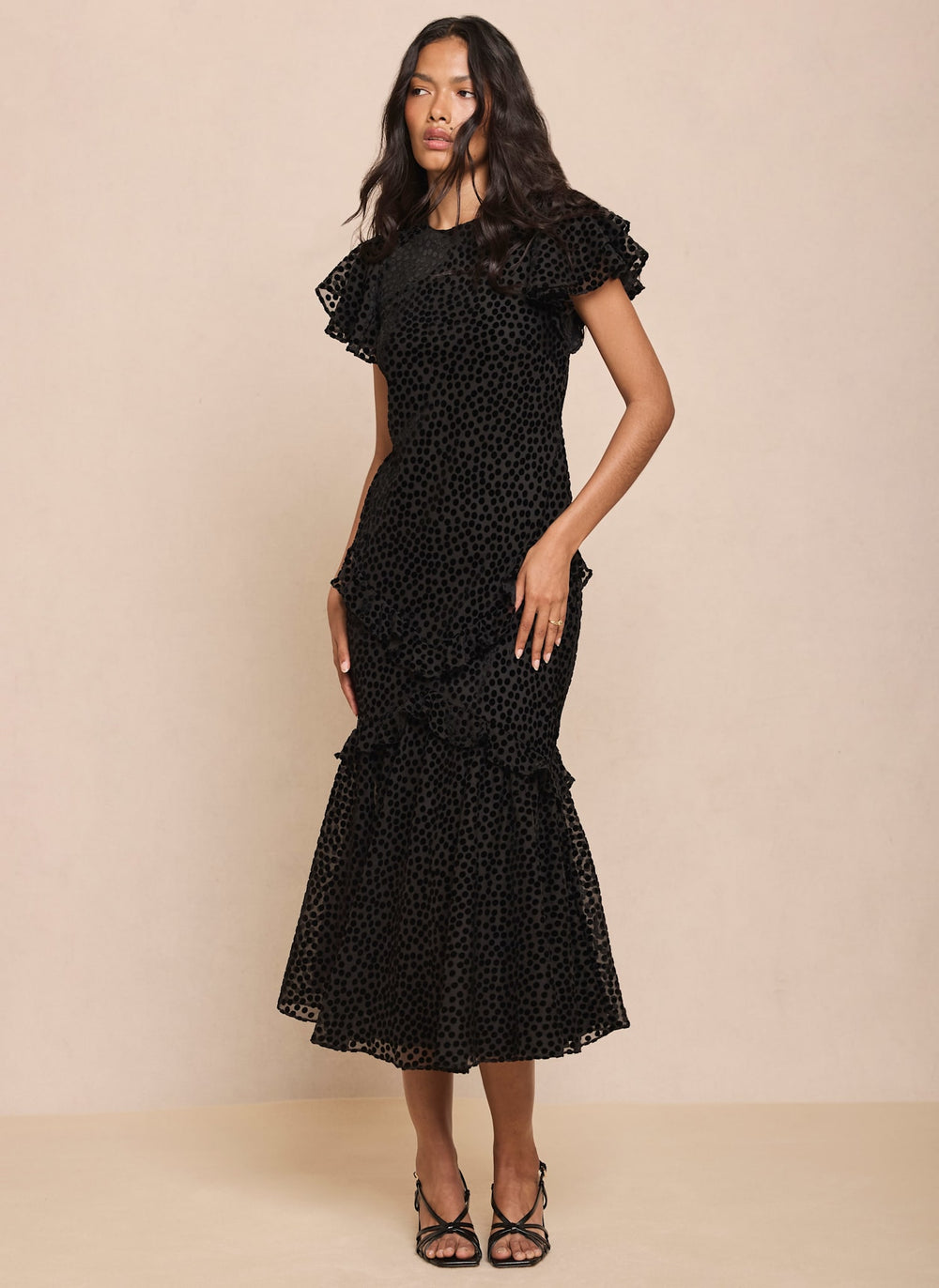 Black Velvet Spotted Ruffle Maxi Dress