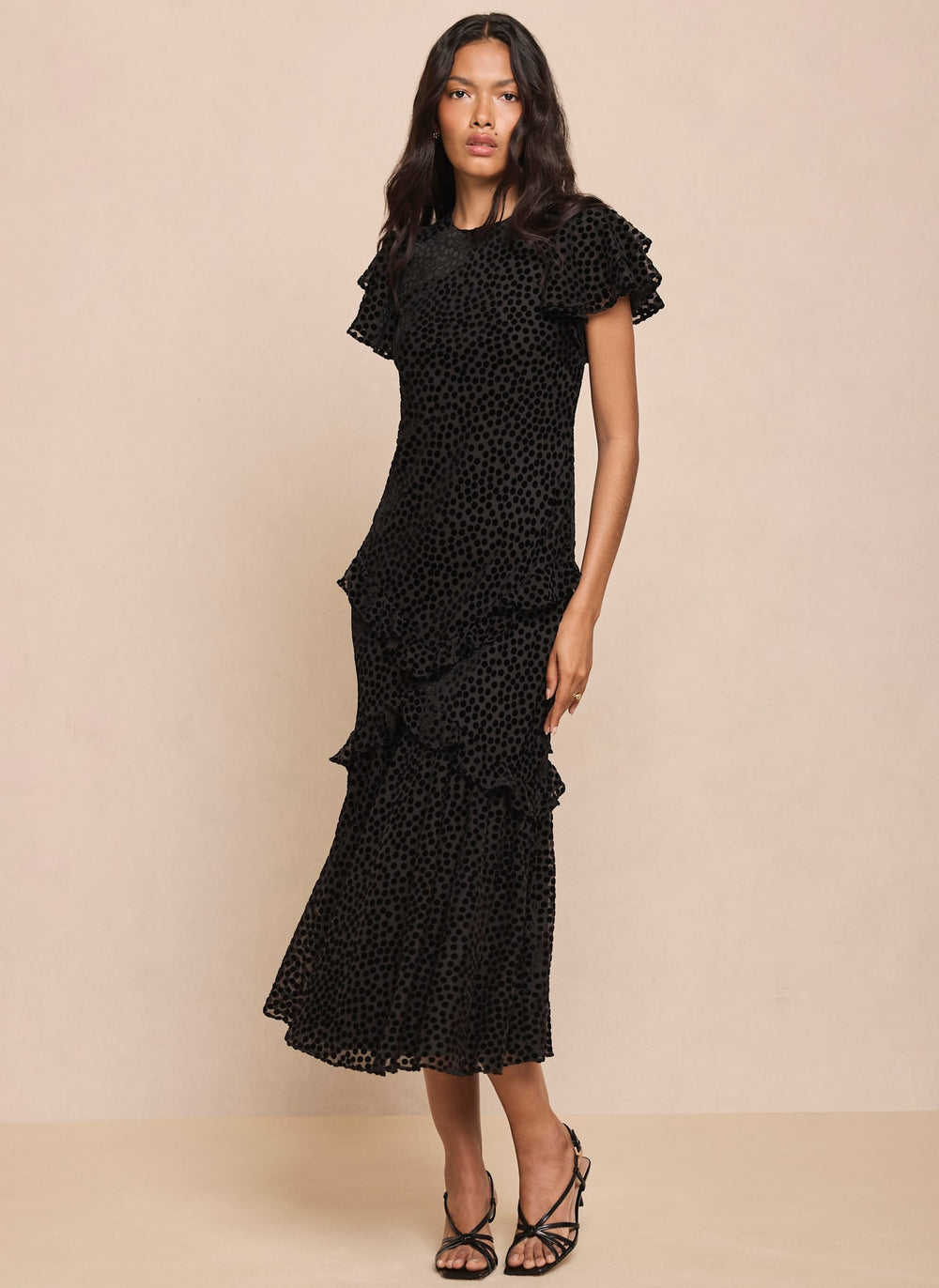 Black Velvet Spotted Ruffle Maxi Dress