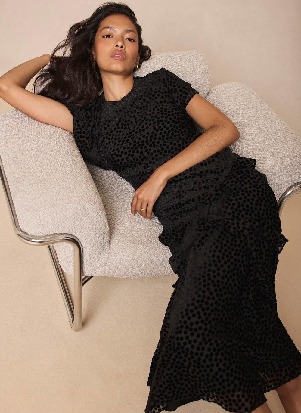Black Velvet Spotted Ruffle Maxi Dress