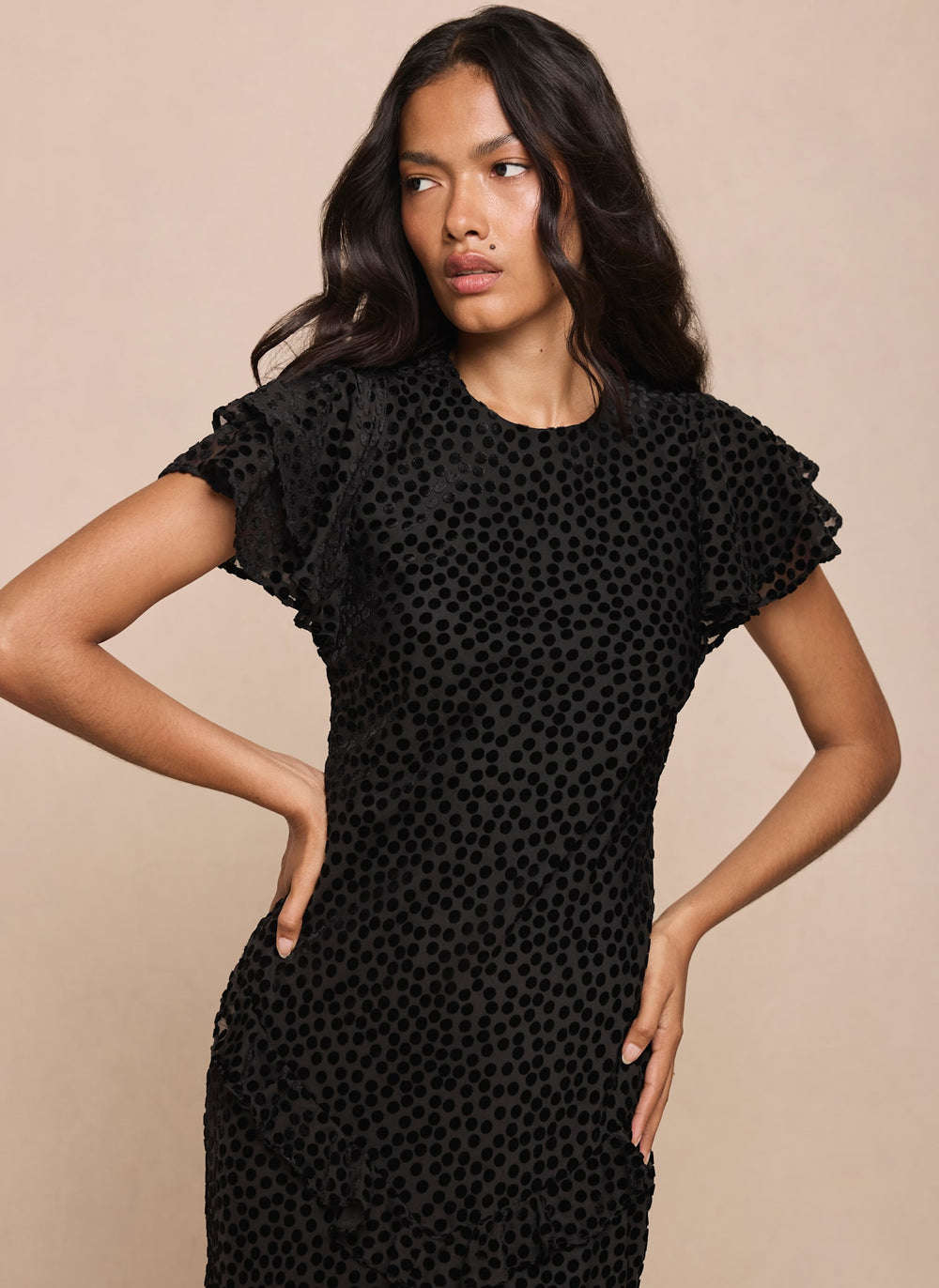 Black Velvet Spotted Ruffle Maxi Dress