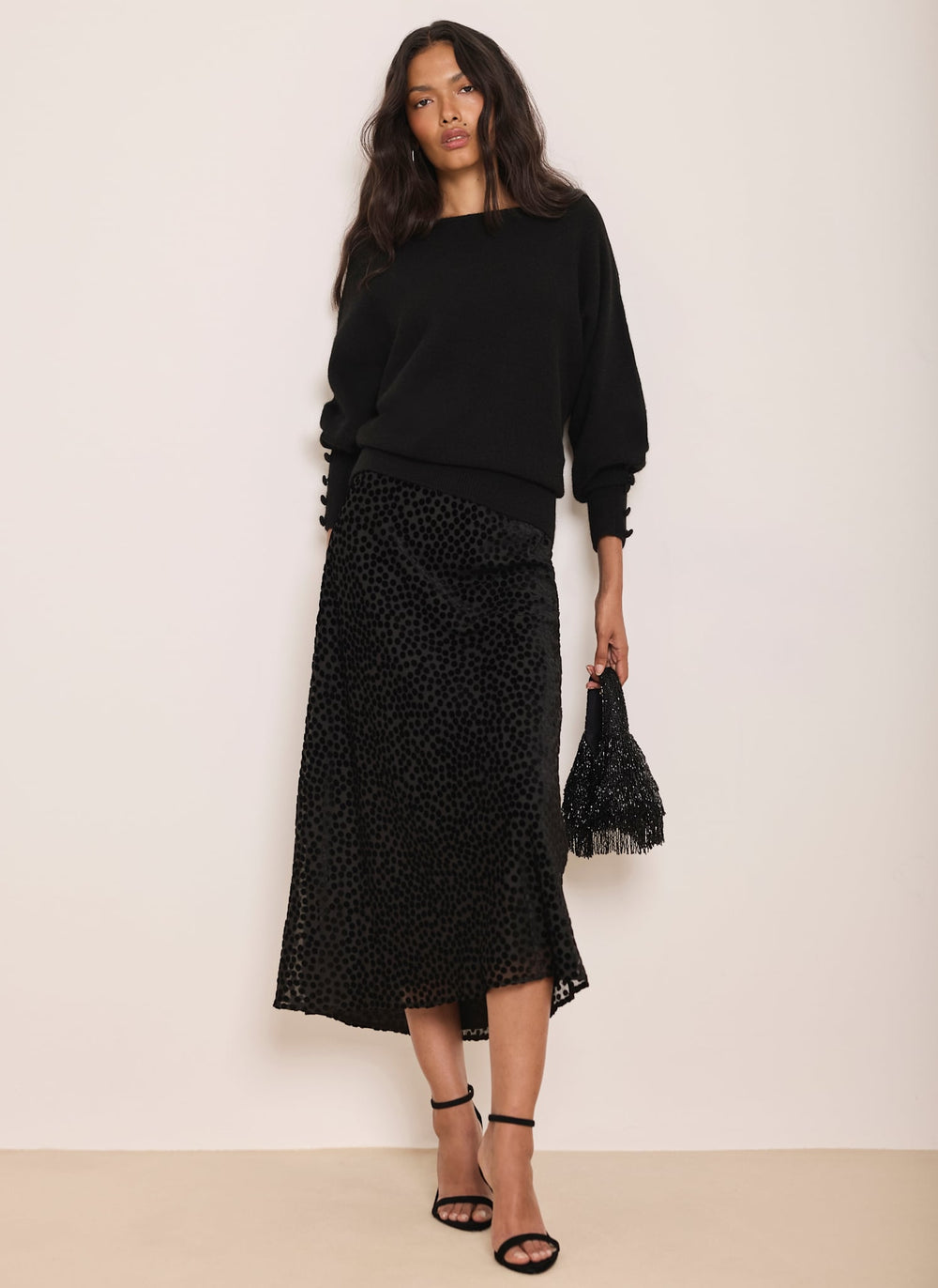 Black Velvet Spot Midi Slip Skirt
