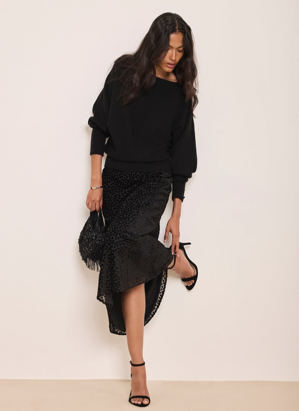 Black Velvet Spot Midi Slip Skirt
