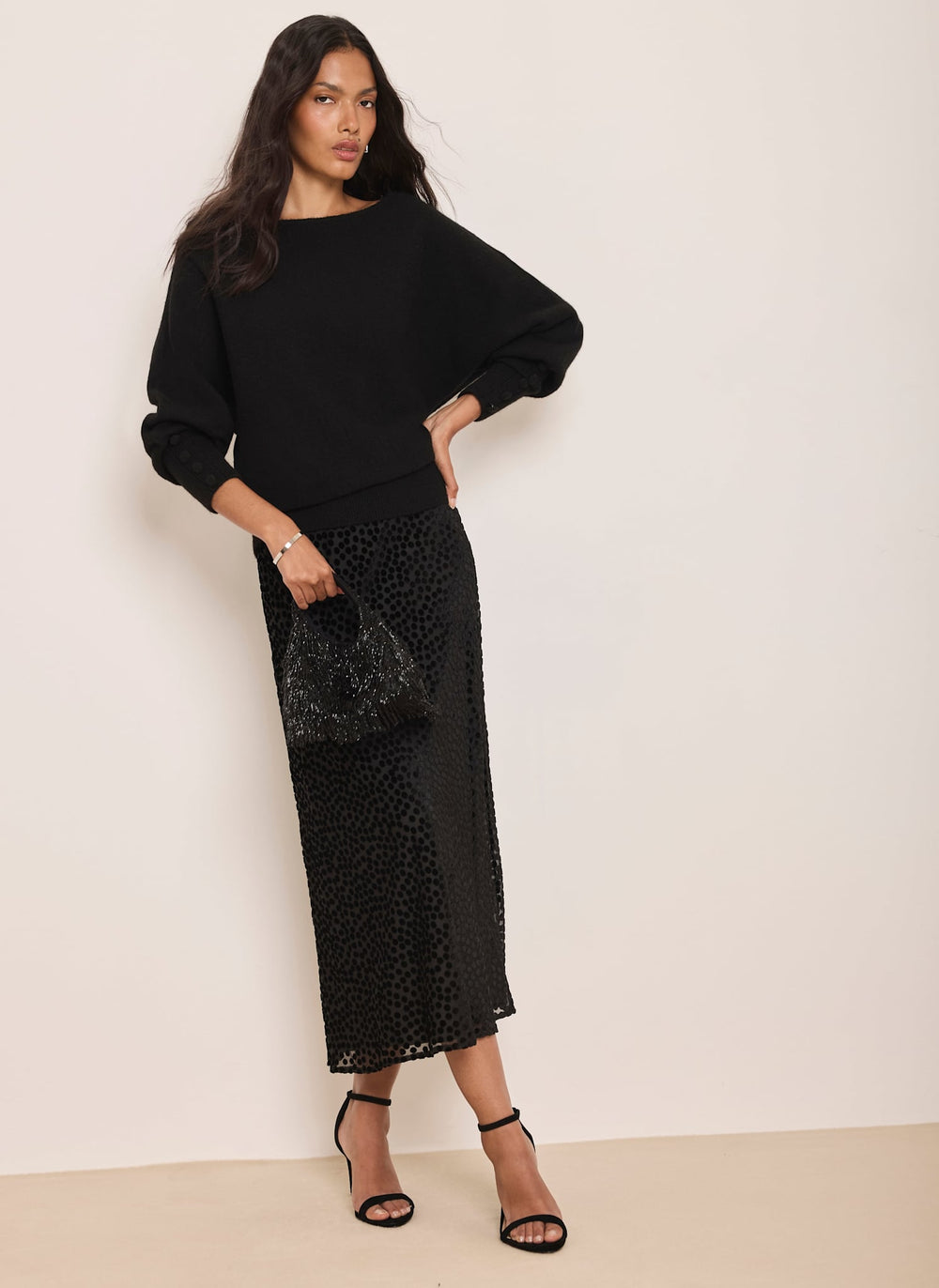 Black Velvet Spot Midi Slip Skirt