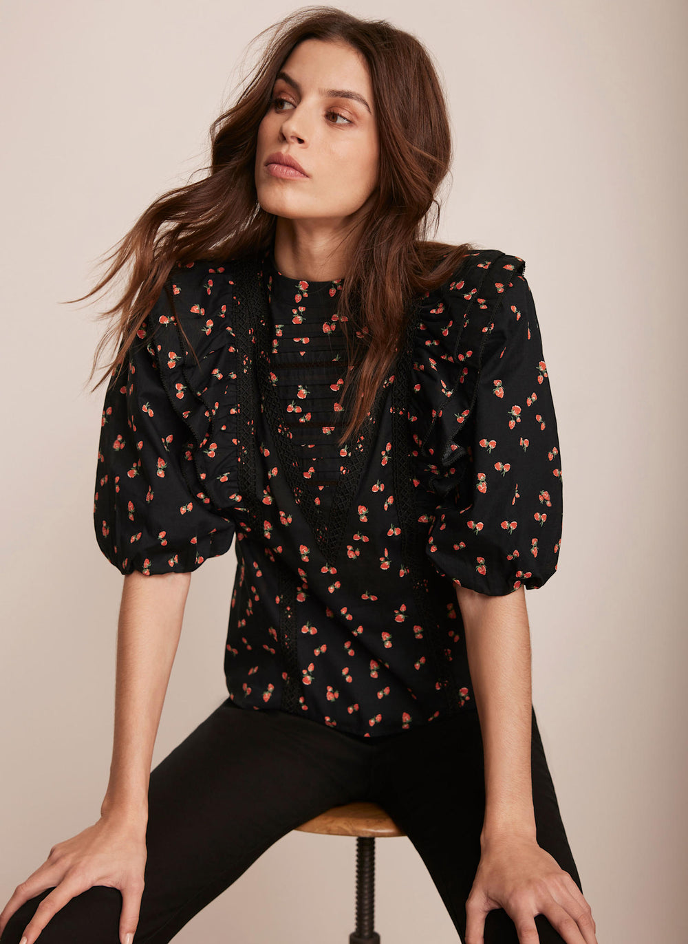 Black Strawberry Print Top