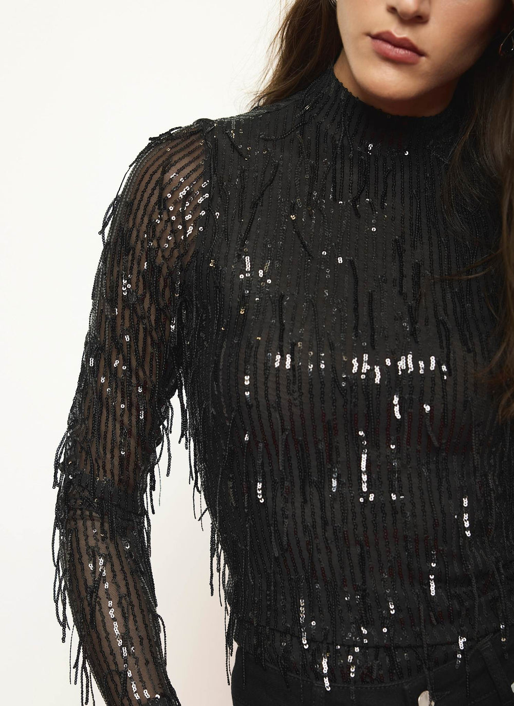 Black Sequin Tassel Detail Top