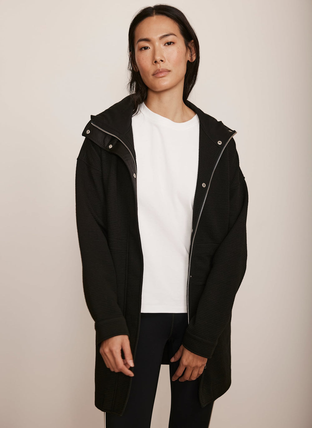 Black Textured Hooded Coat