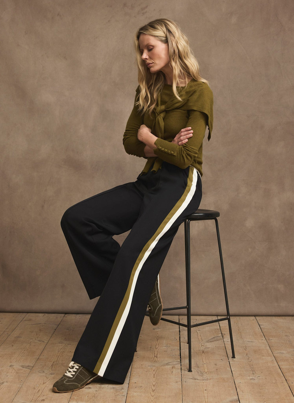 Black Side Stripe Tie Waist Wide Trousers