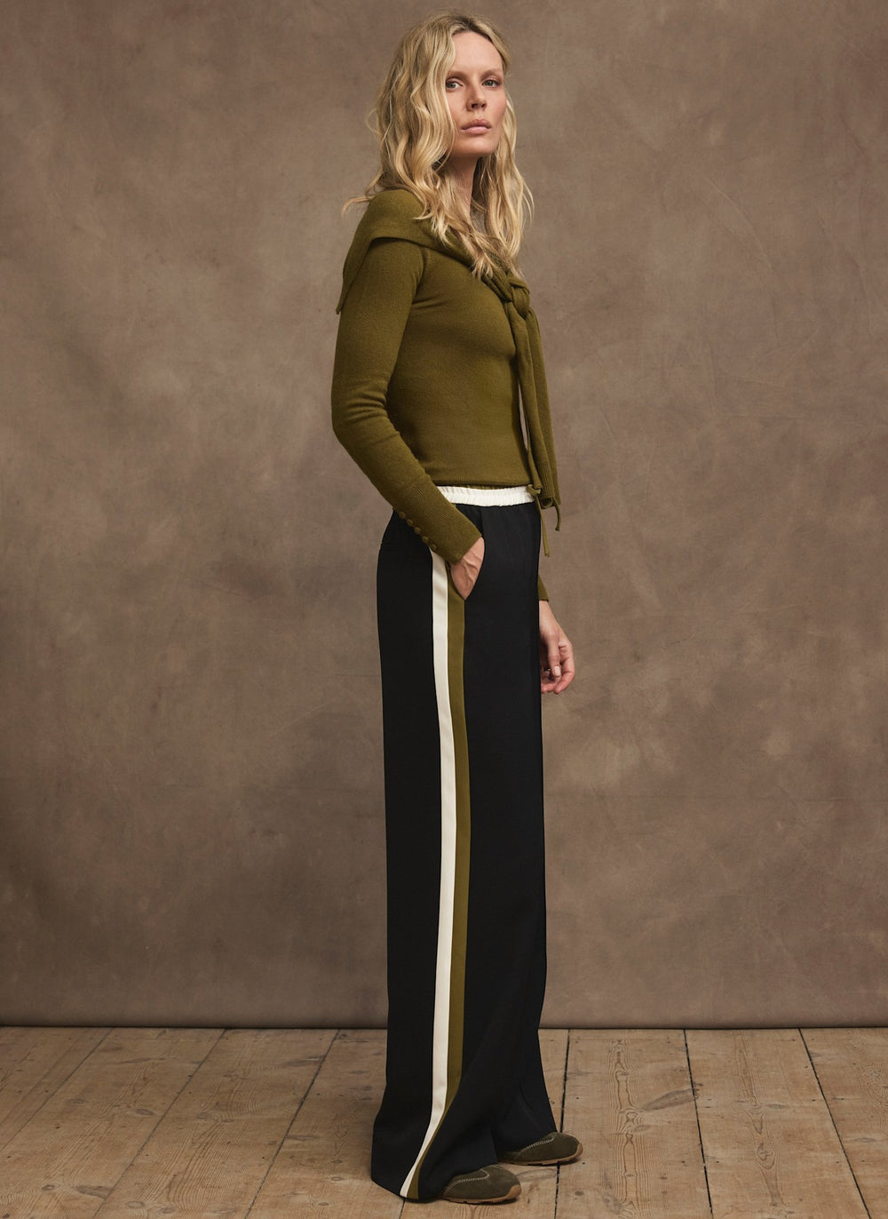 Black Side Stripe Tie Waist Wide Trousers
