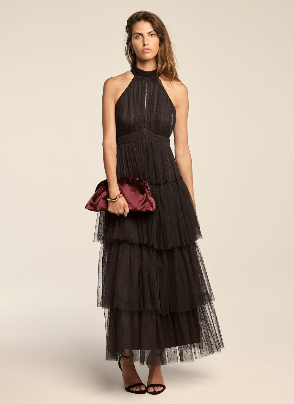 Black Spotted Tulle Halter Maxi Dress
