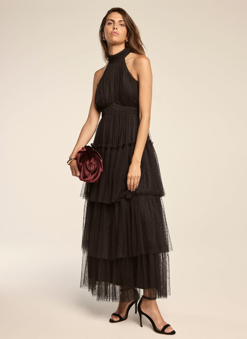 Black Spotted Tulle Halter Maxi Dress