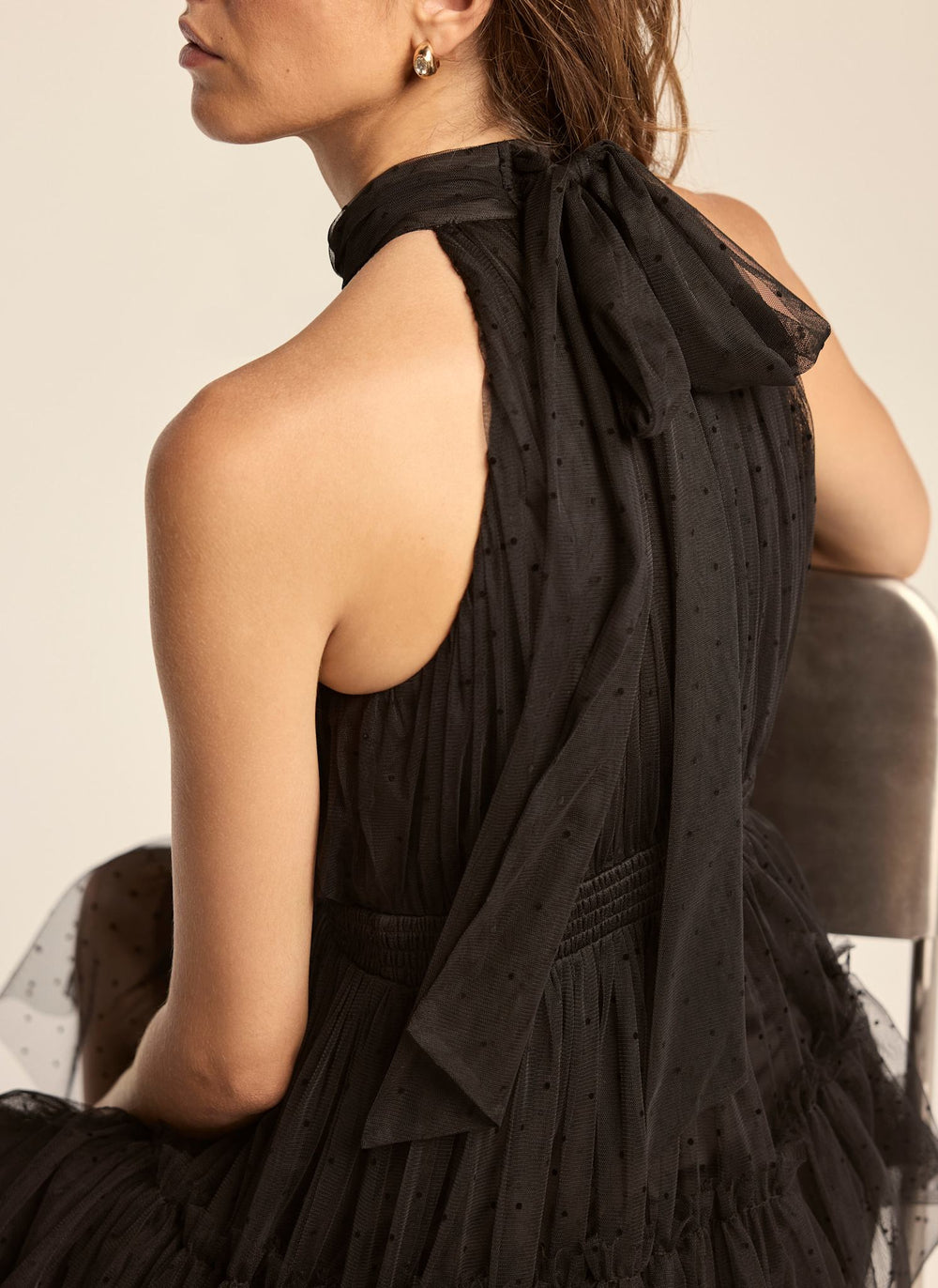 Black Spotted Tulle Halter Maxi Dress