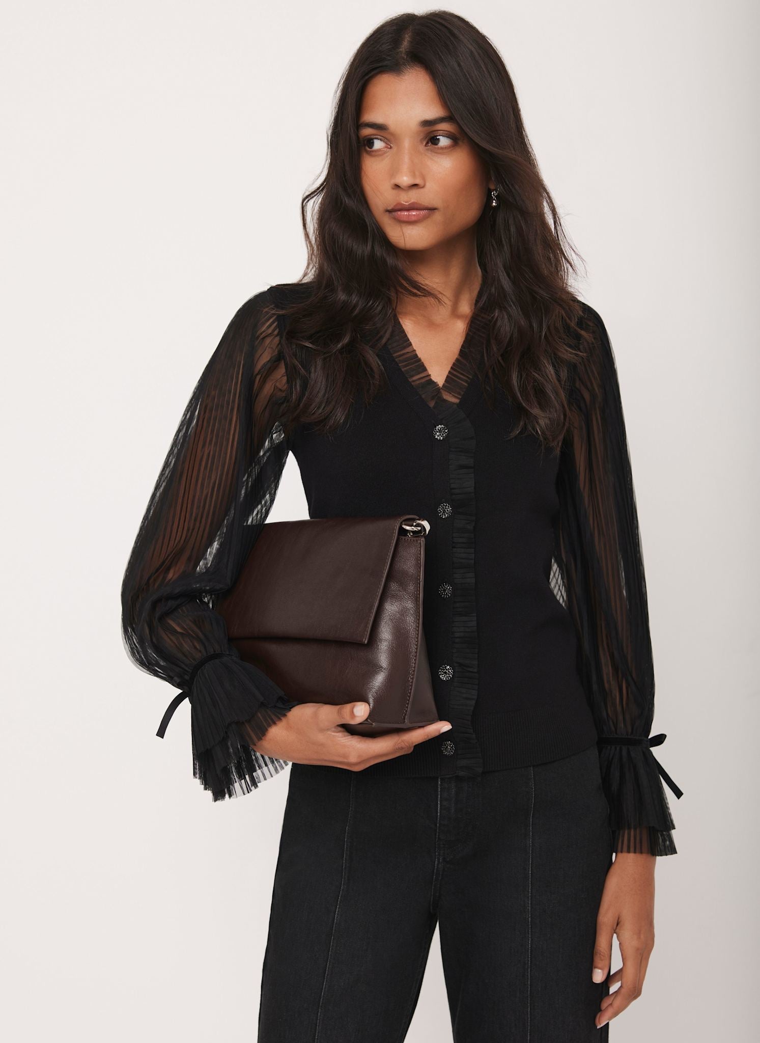 Black Tulle Sleeve Cardigan – Mint Velvet