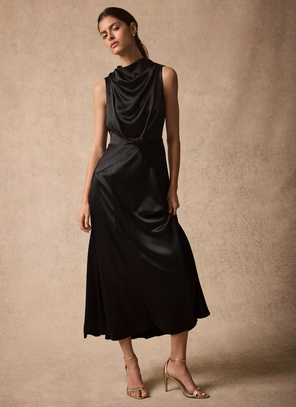 Black Satin Cowl Neck Midi Dress