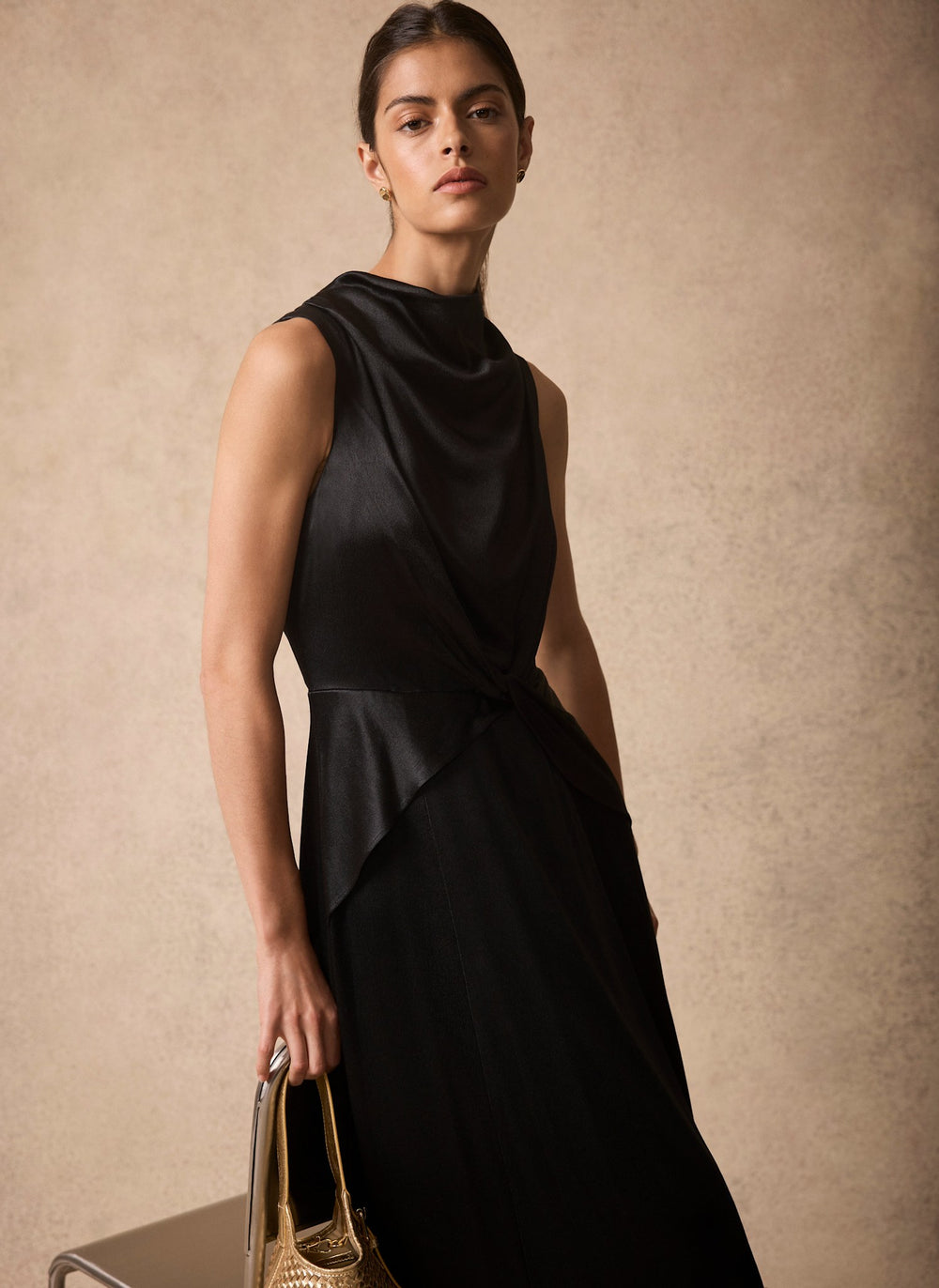 Black Satin Cowl Neck Midi Dress