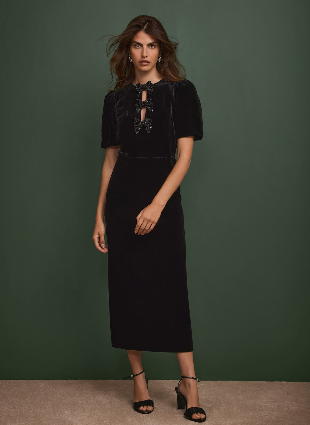 Black Velvet Bow Midi Dress