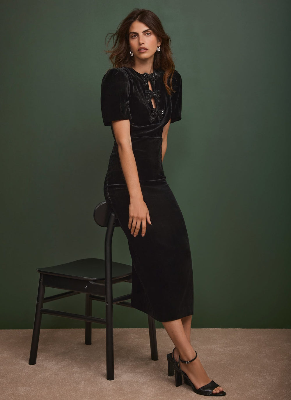 Black Velvet Bow Midi Dress