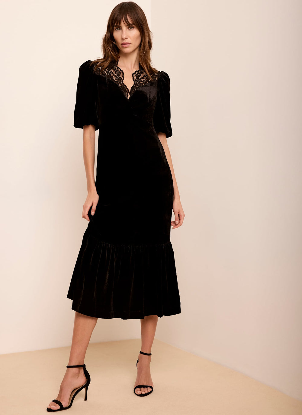 Black Velvet Lace Detail Midi Dress
