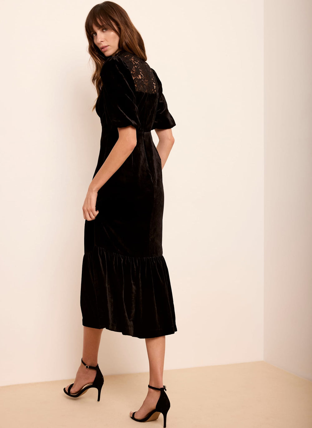 Black Velvet Lace Detail Midi Dress
