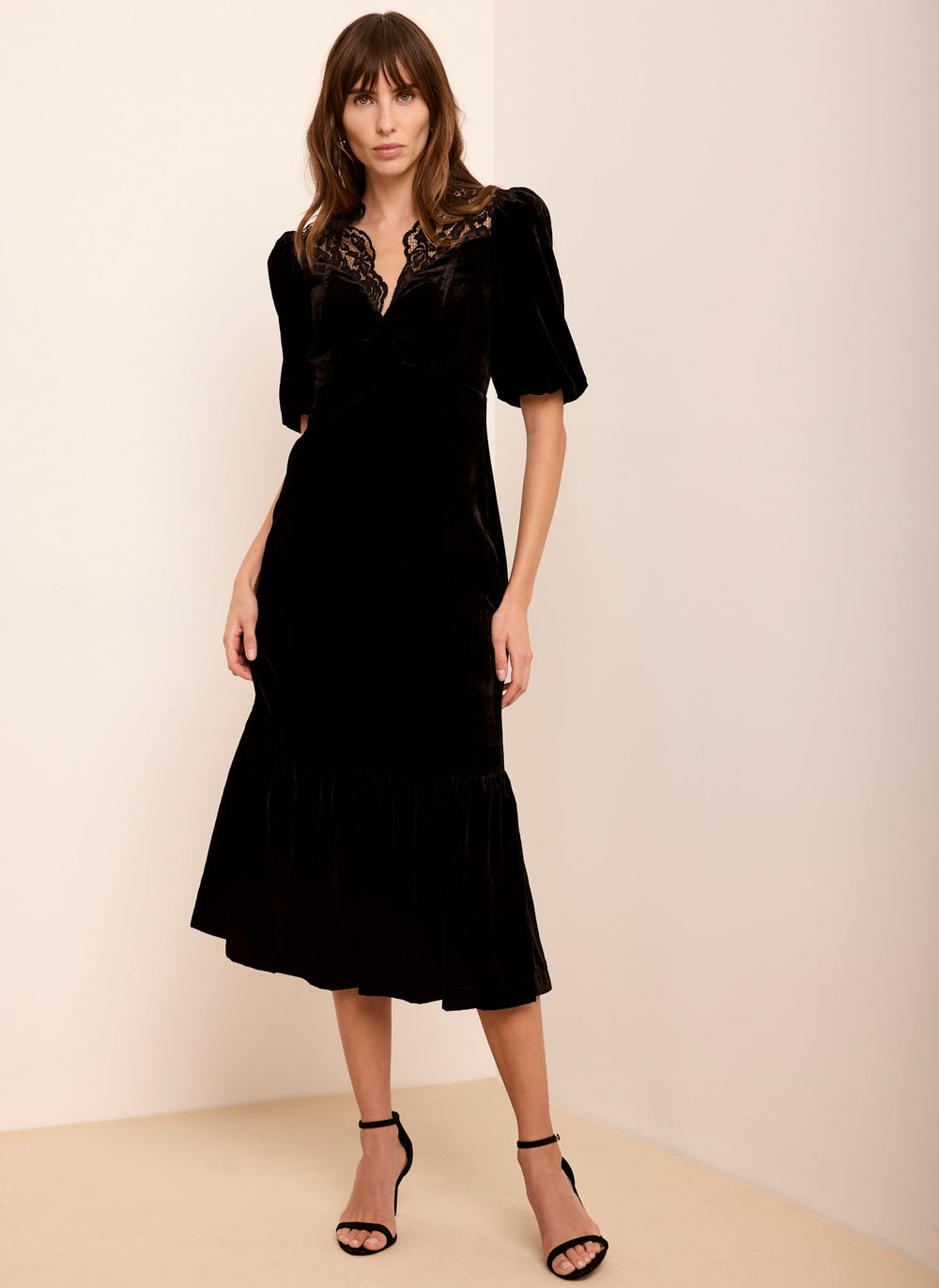 Black Velvet Lace Detail Midi Dress