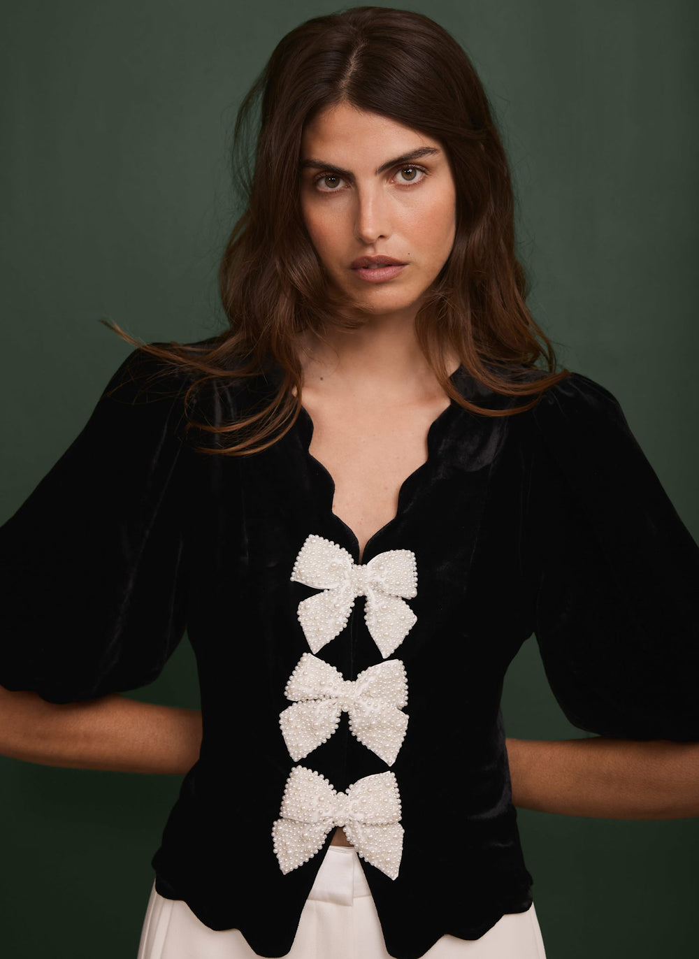 Black Velvet Bow Detail Scallop Trim Top