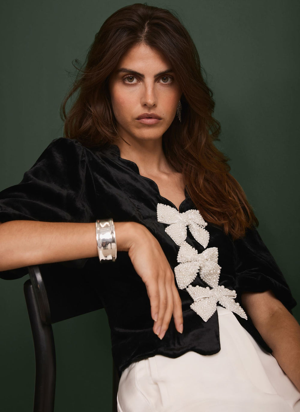 Black Velvet Bow Detail Scallop Trim Top