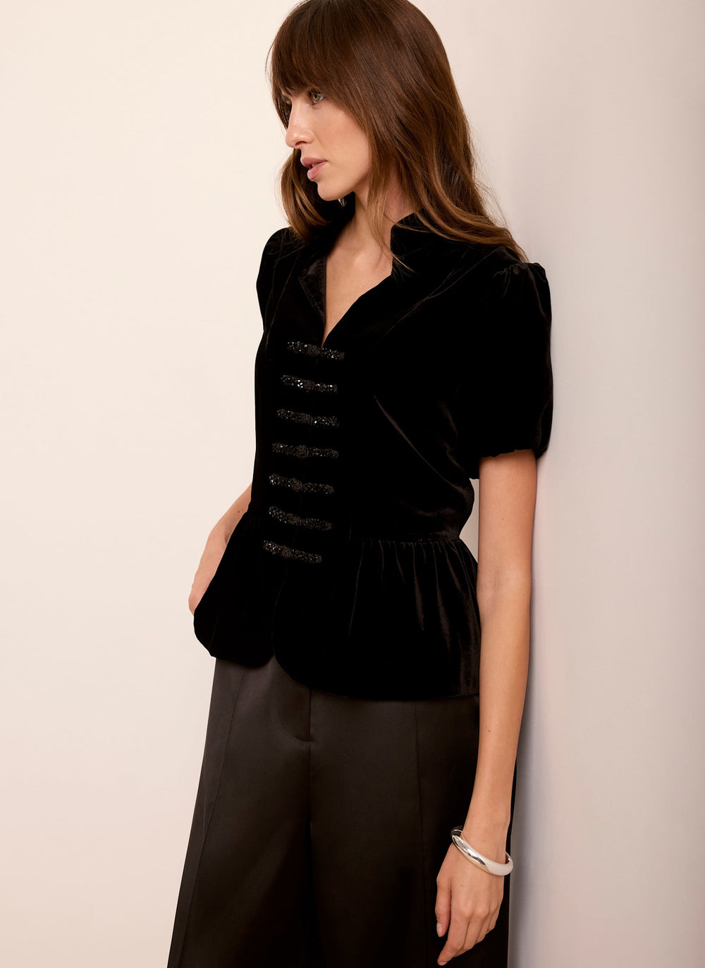 Black Velvet Mandarin Collar Peplum Top