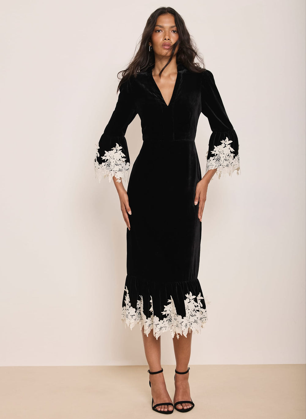 Black Velvet Contrast Lace Trim Midi Dress
