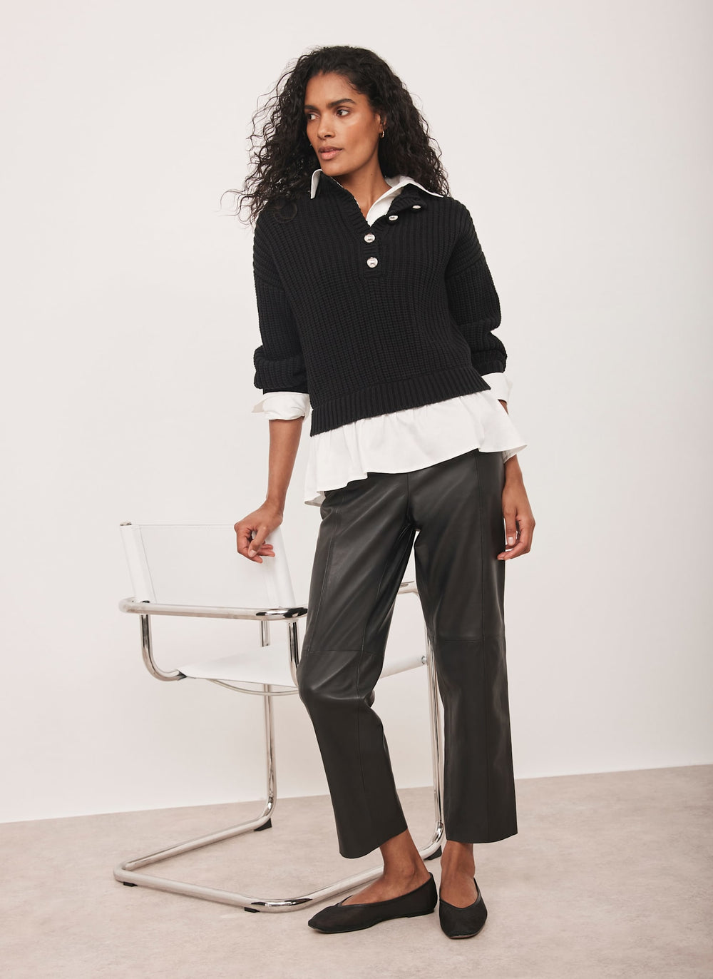 Black Button Detail Layered Shirt Knit Jumper
