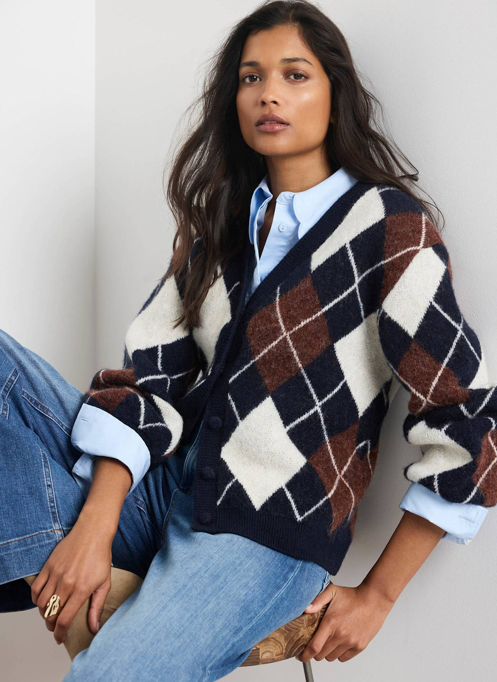 Navy Argyle Knit Cardigan