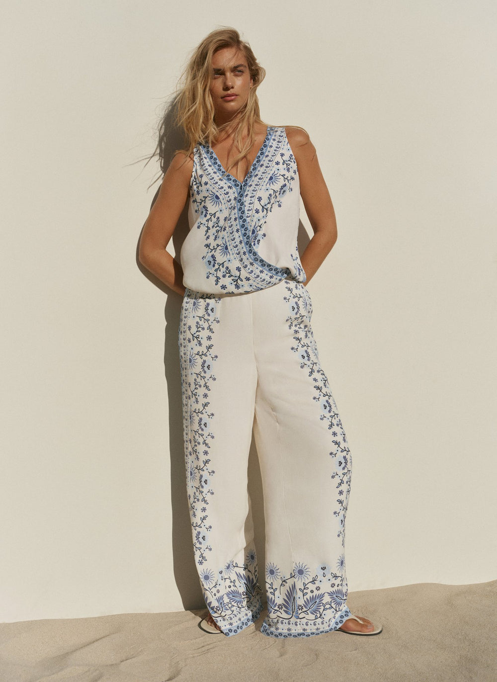 Blue Floral Print Wide Leg Trousers