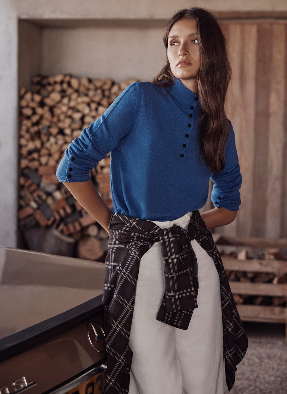 Blue Funnel Neck Knit Top