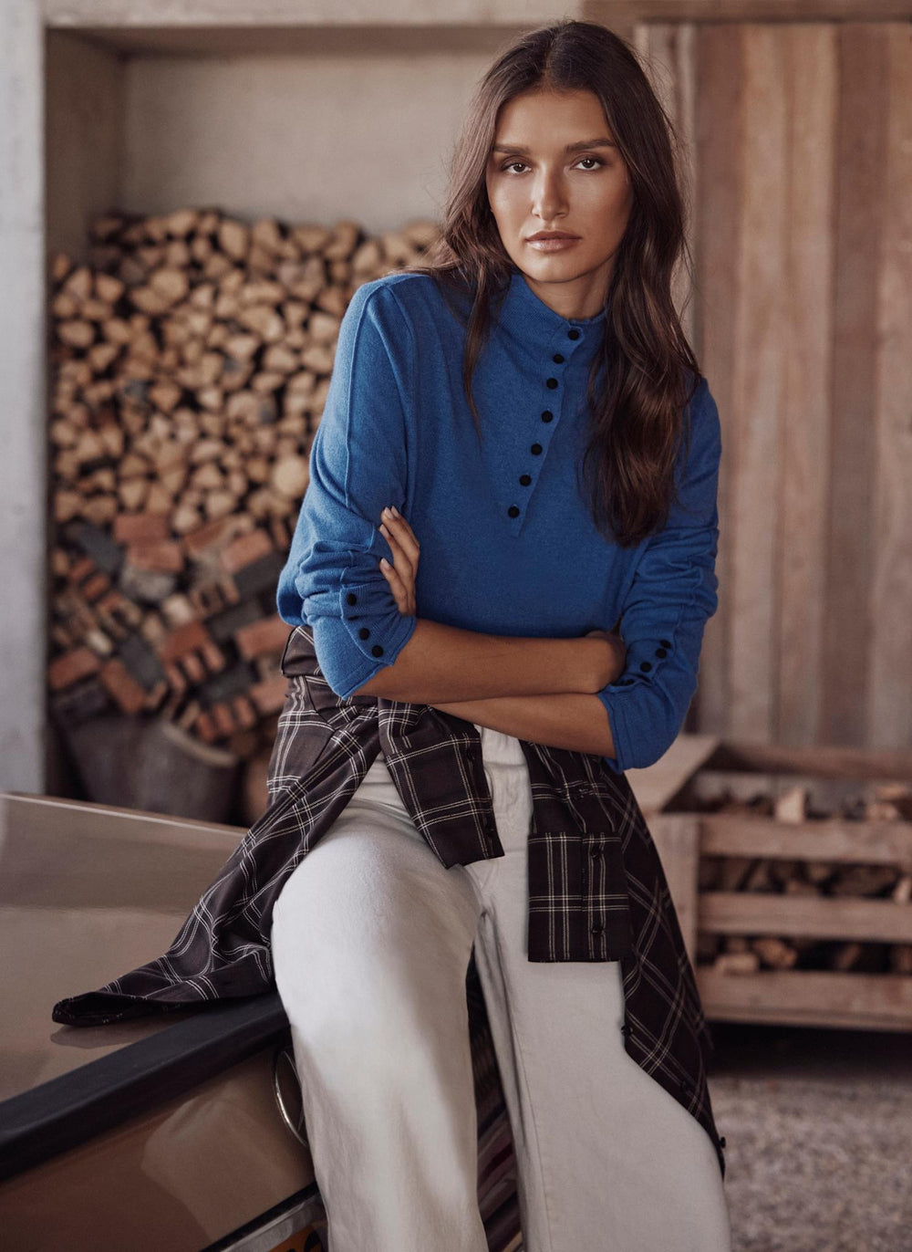 Blue Funnel Neck Knit Top