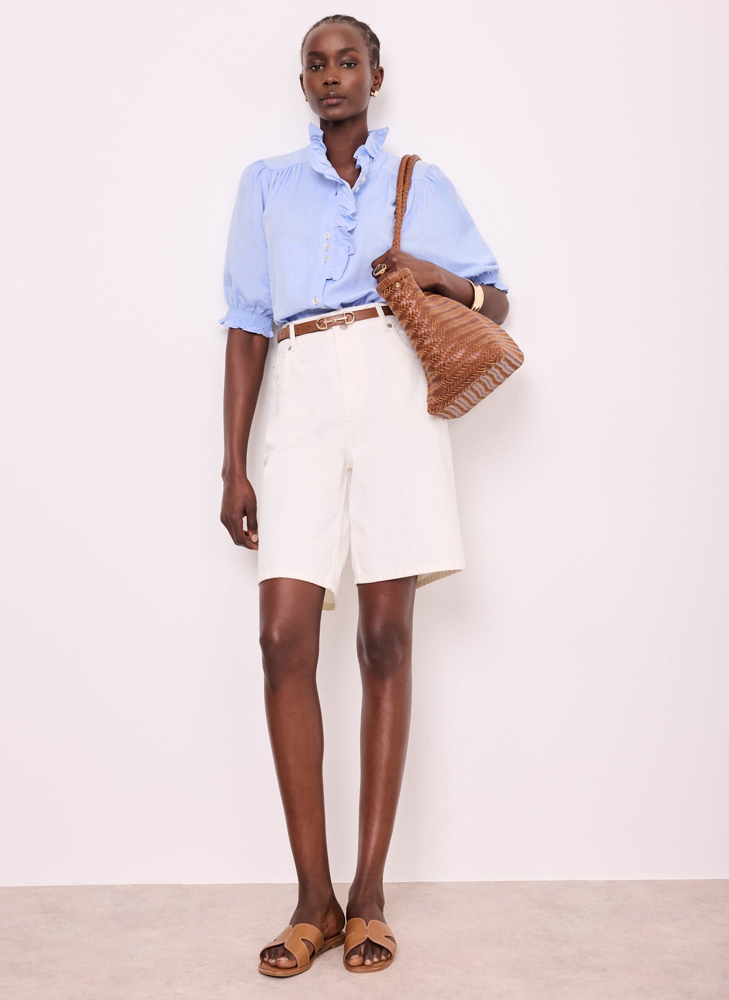 Blue Cotton Chambray Ruffle Blouse – Mint Velvet
