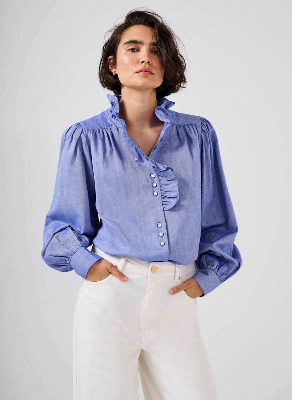 Blue Cotton Chambray Ruffle Blouse