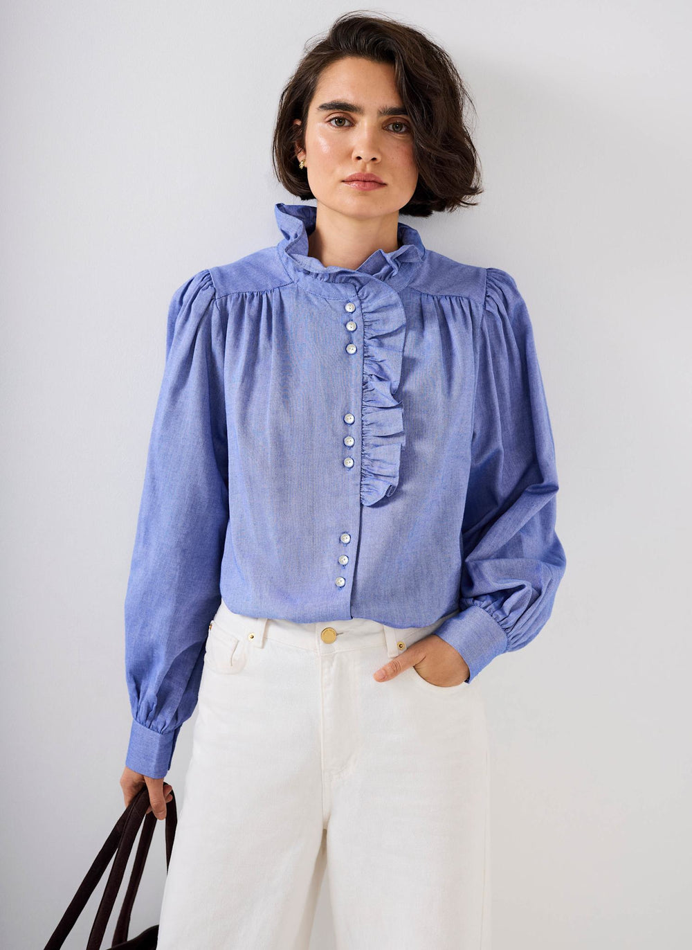 Blue Cotton Chambray Ruffle Blouse