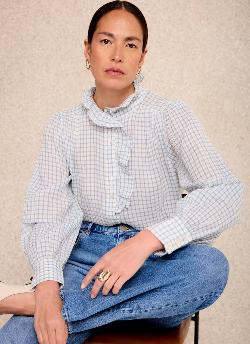 Blue Cotton Checked Blouse