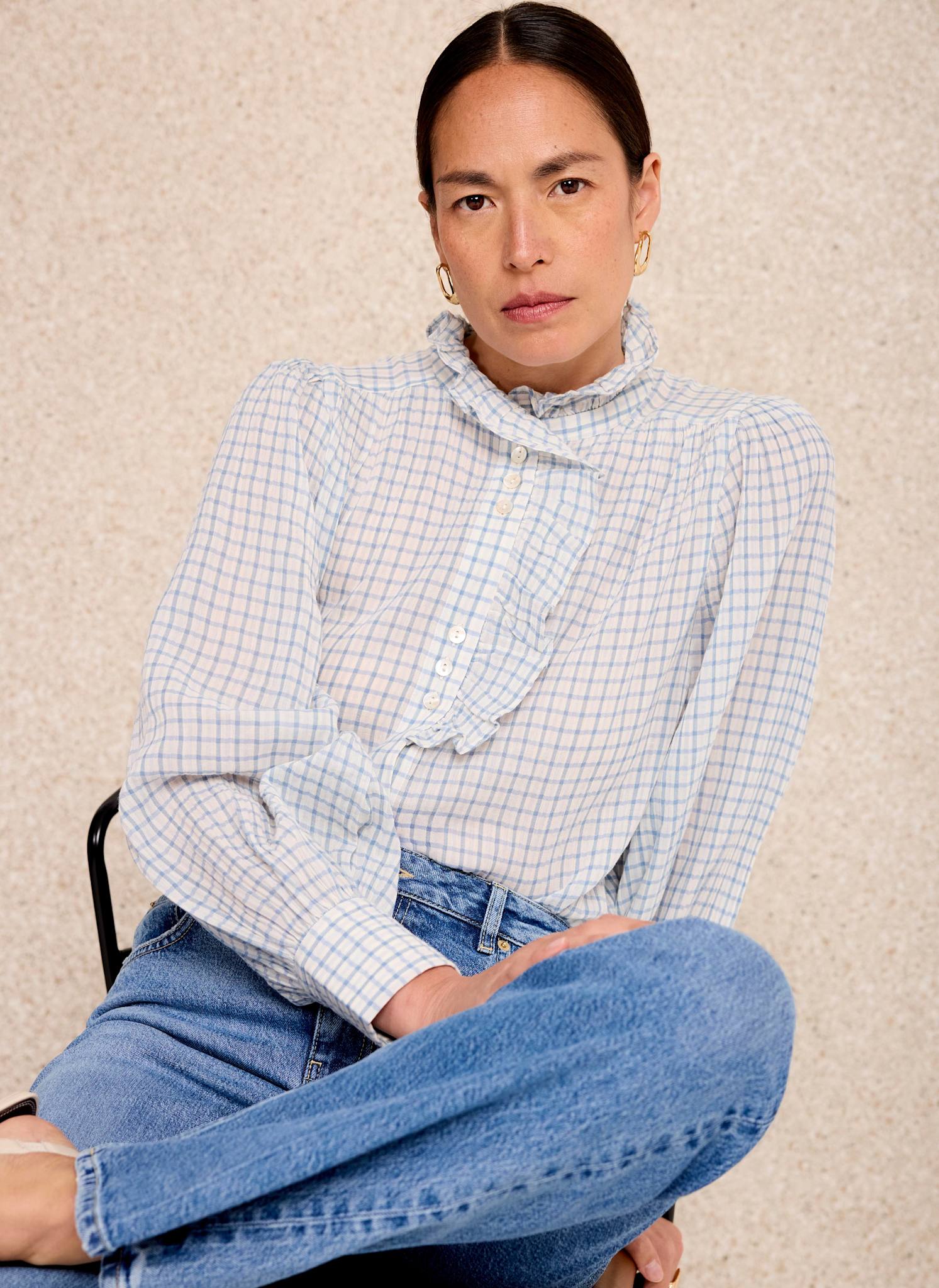 Blue Cotton Checked Ruffle Blouse – Mint Velvet