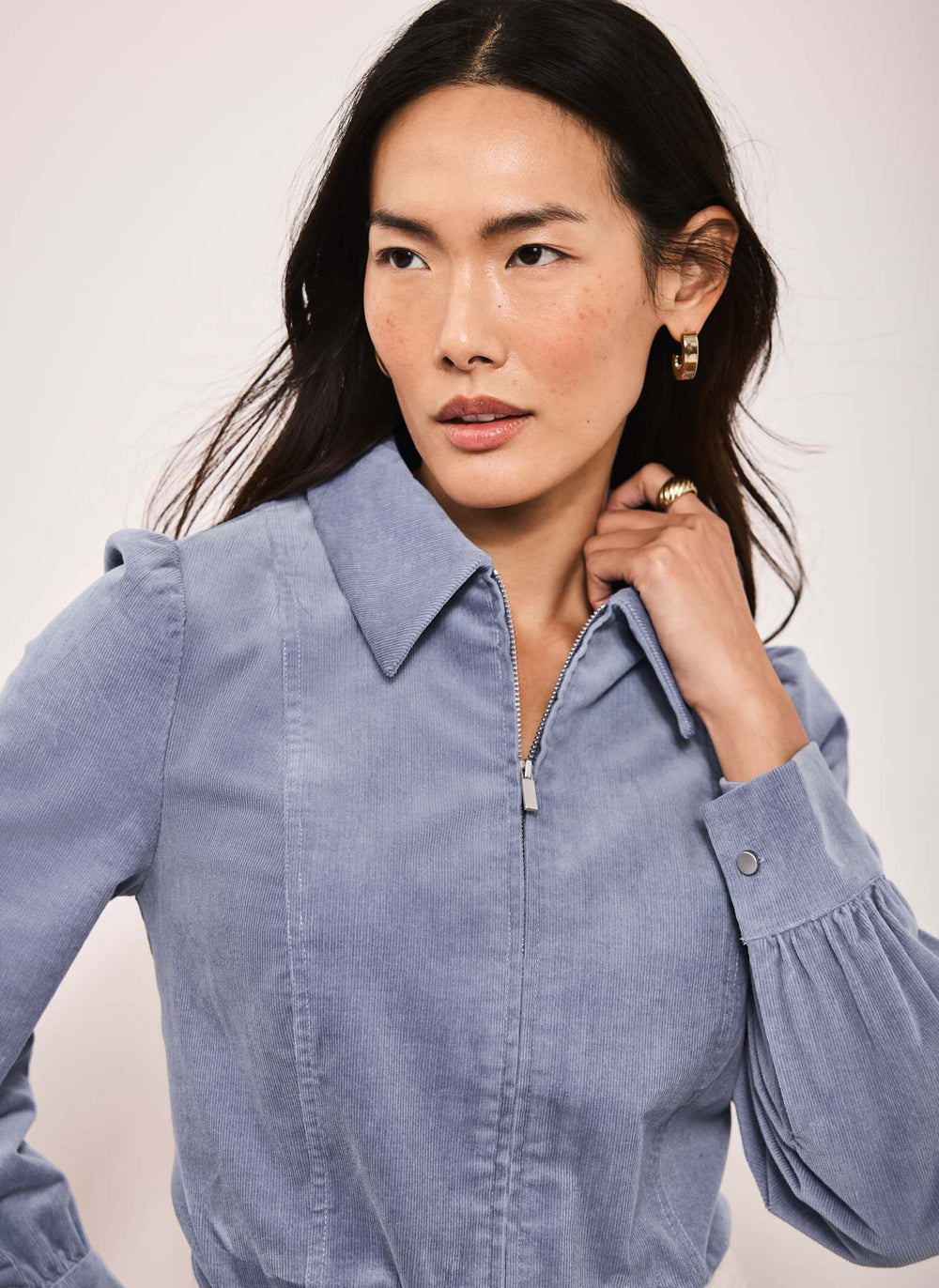 Blue Corduroy Zip Front Shirt