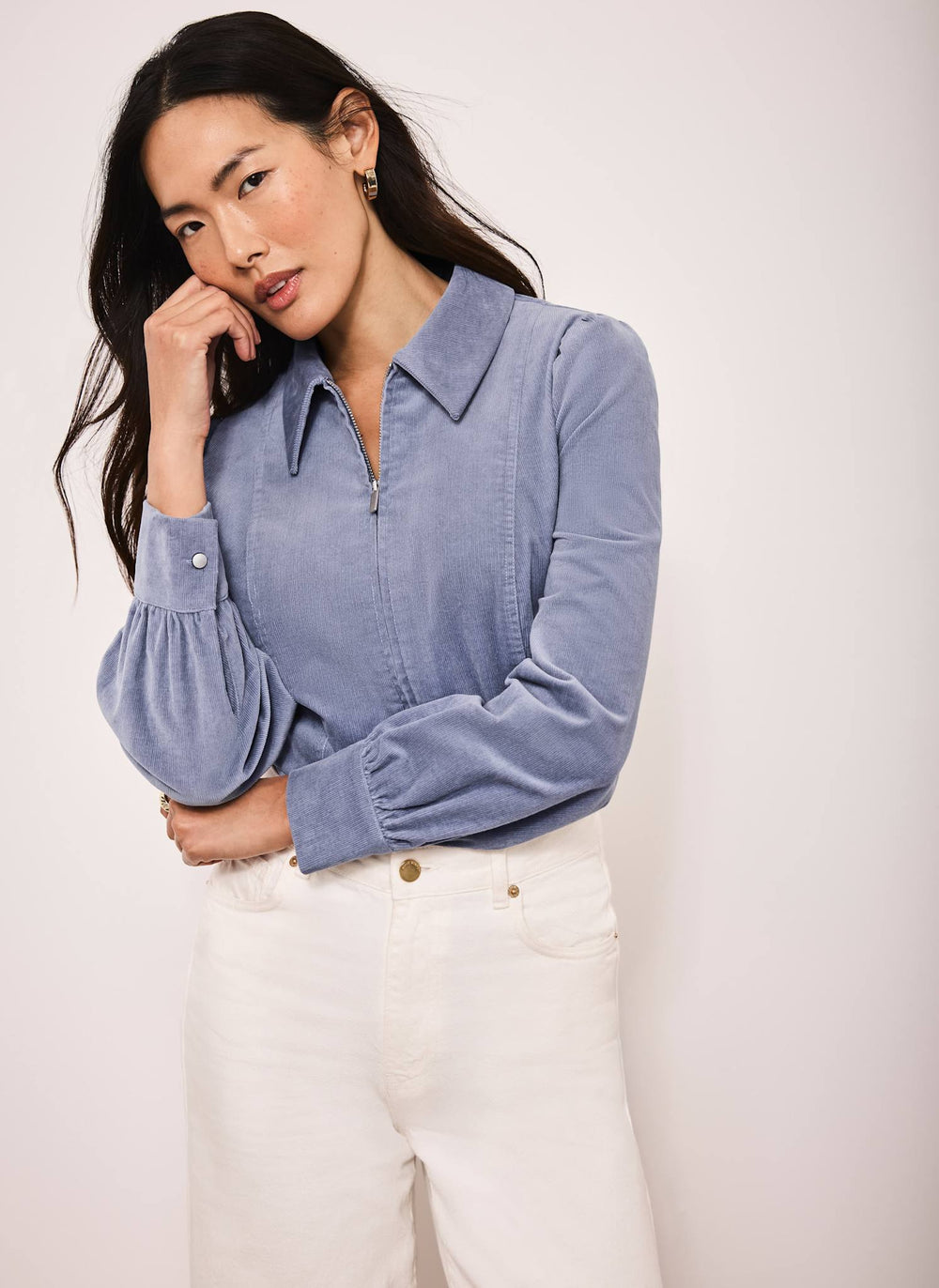 Blue Corduroy Zip Front Shirt