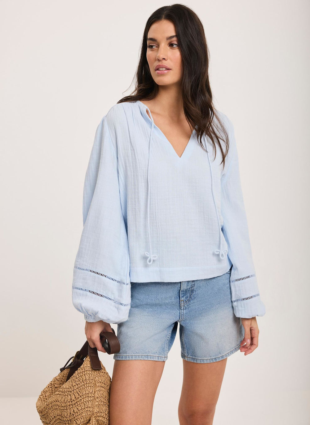 Blue Cotton Cheesecloth Open Stitch Blouse