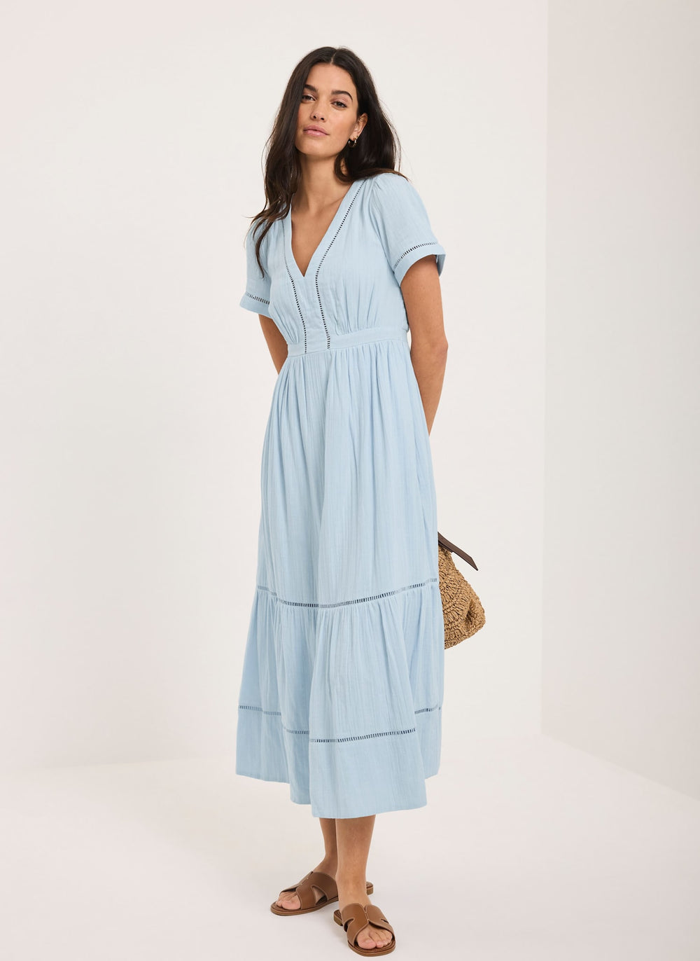 Blue Cotton Cheesecloth Midi Dress