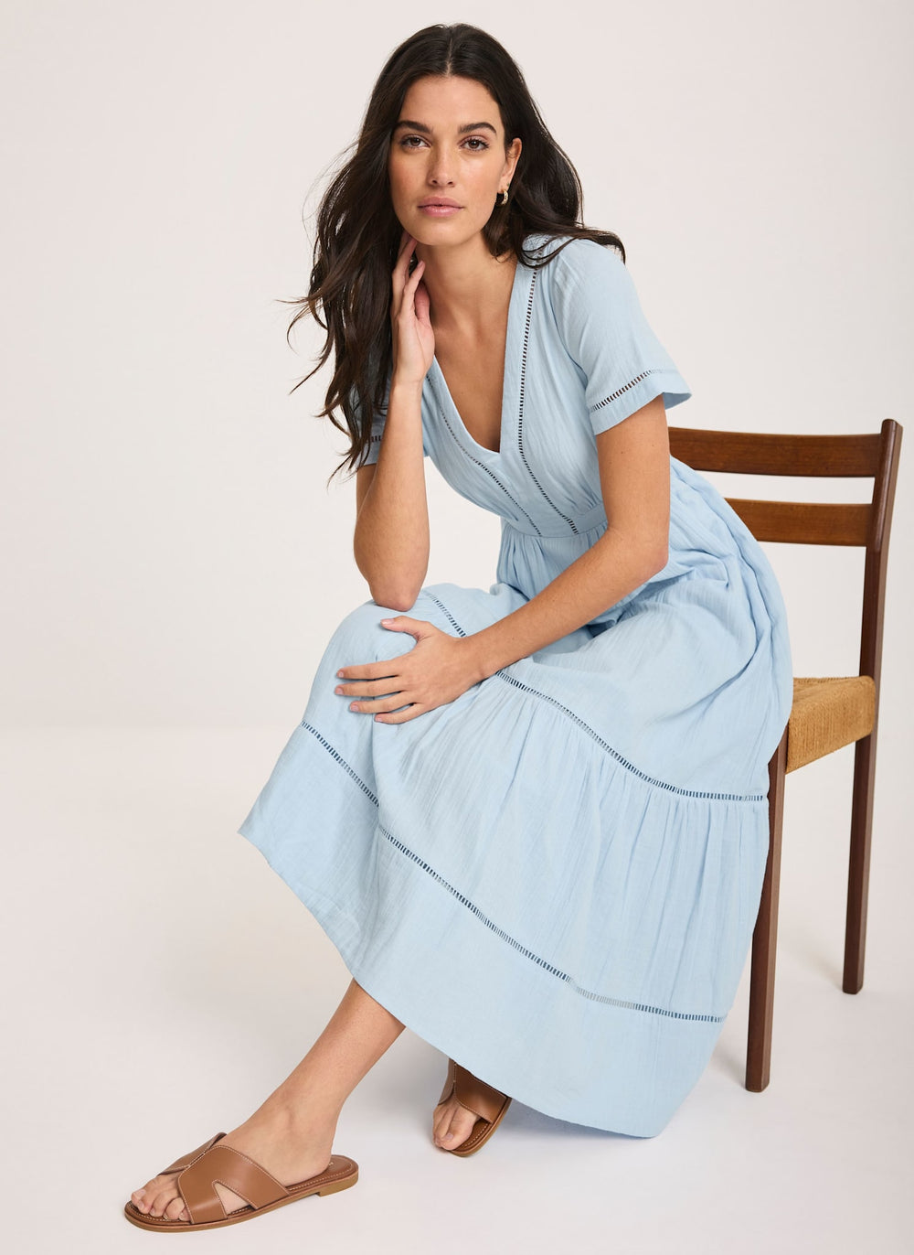 Blue Cotton Cheesecloth Midi Dress