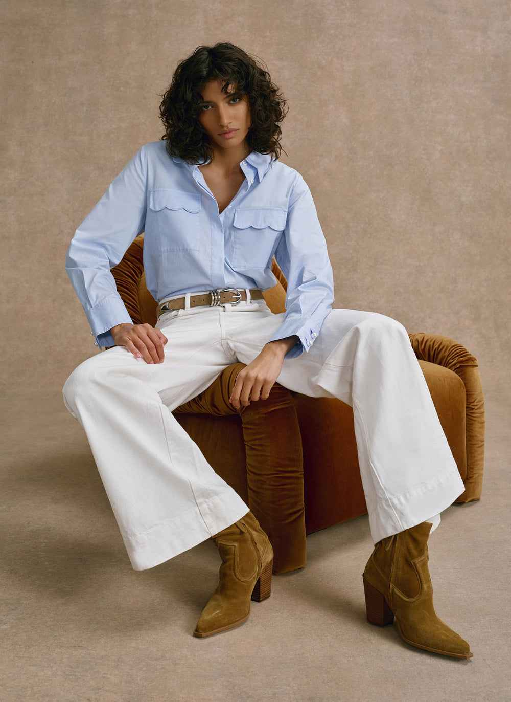 Blue Cotton Scallop Detail Shirt