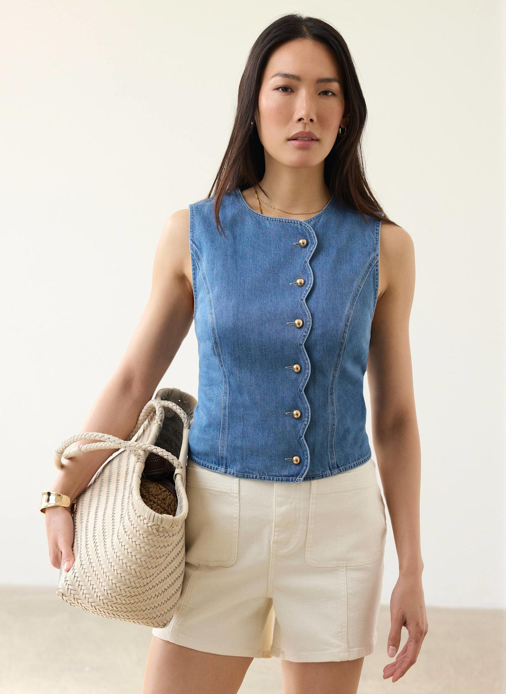Indigo Denim Scallop Detail Waistcoat