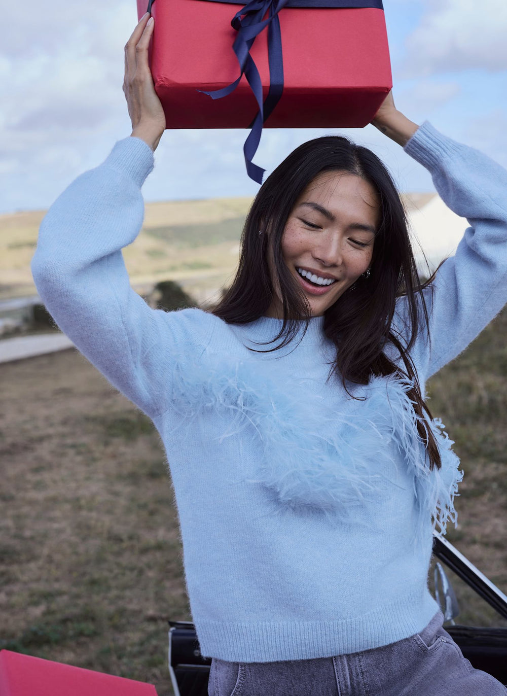 Pale Blue Wool Blend Feather Detail Jumper