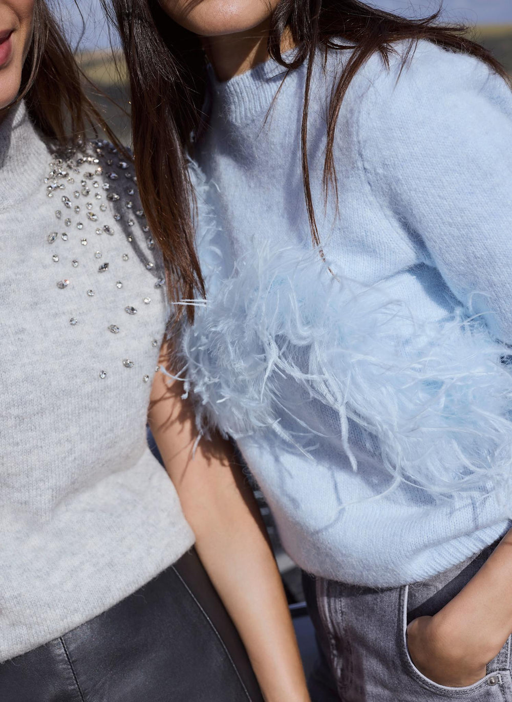 Pale Blue Wool Blend Feather Detail Jumper