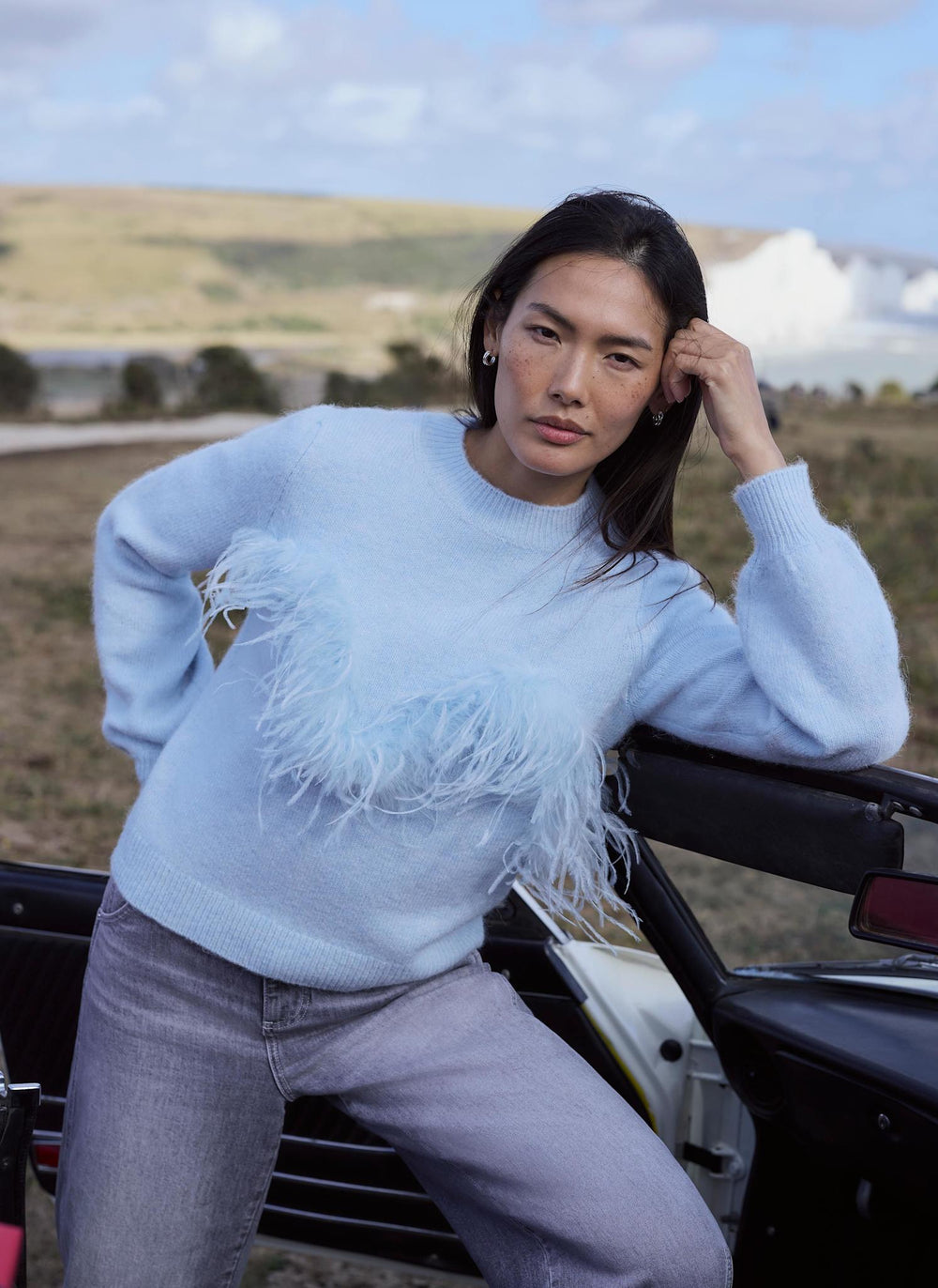 Pale Blue Wool Blend Feather Detail Jumper