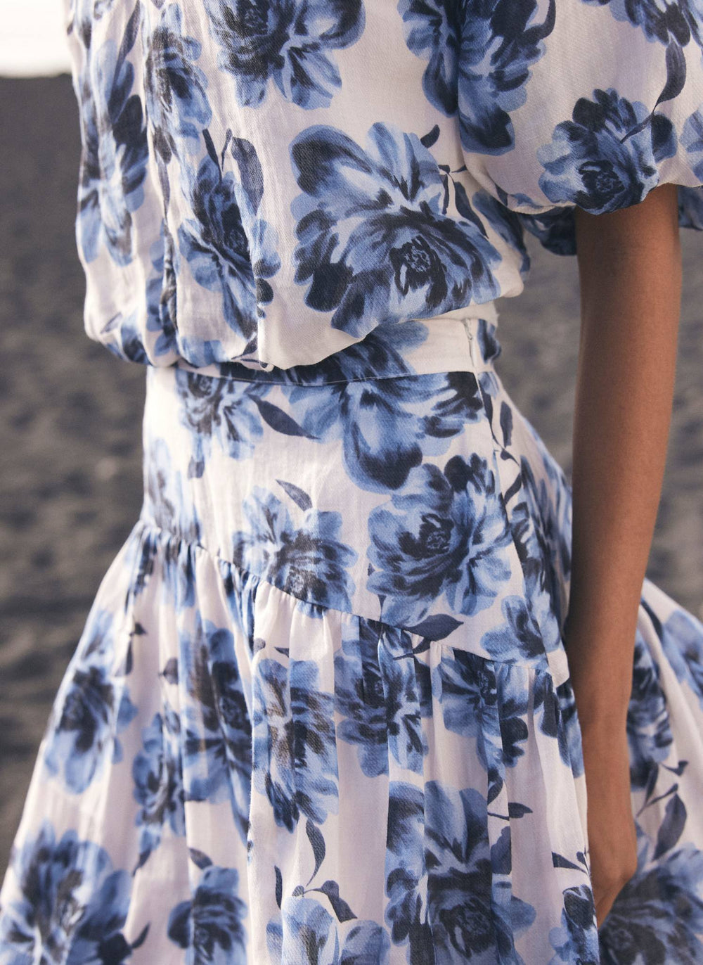 Blue Floral Print Midi Skirt