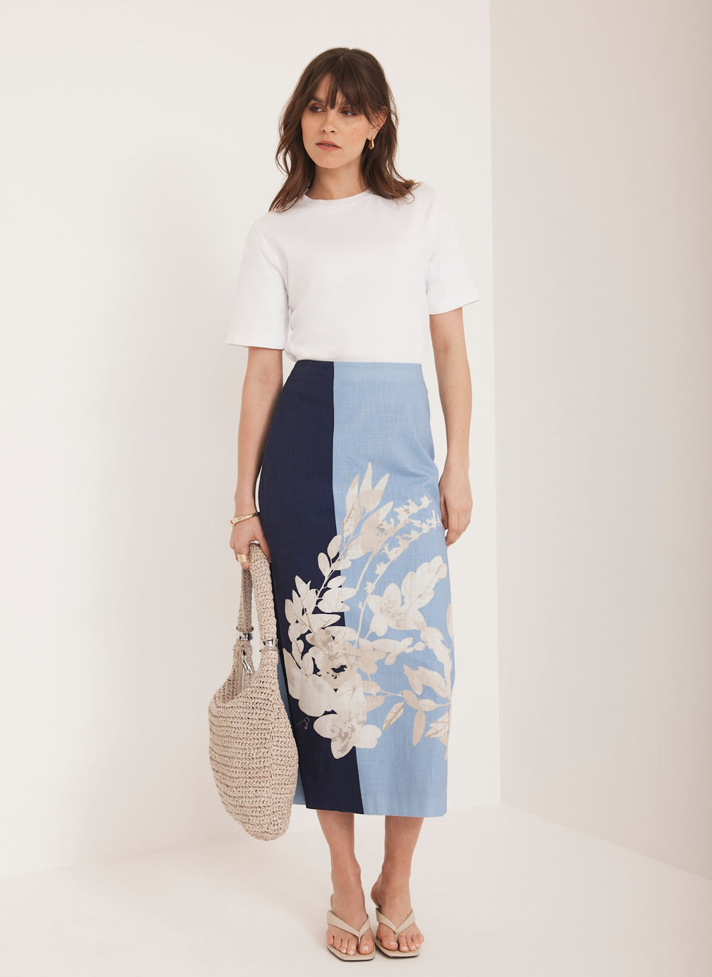 Blue Floral Print Pencil Skirt