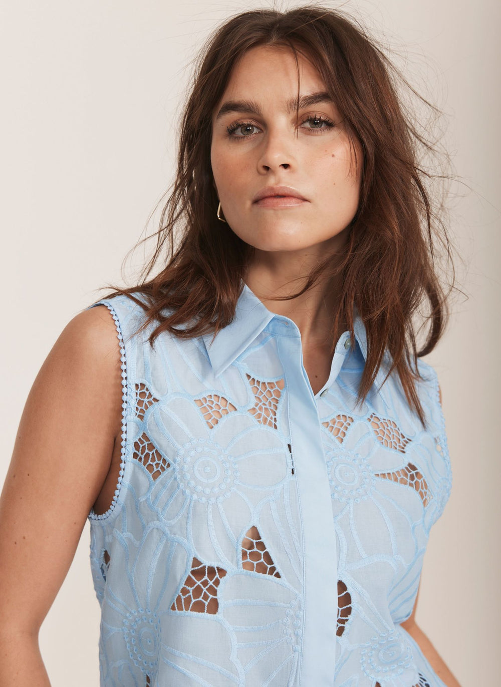 Blue Floral Lace Cotton Shirt